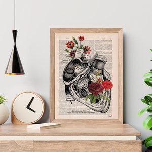 Heart with Roses Art Wall art print Anatomy Illustration Love Wall Art Anatomical Heart SKA080 Book Page L 8.1x12 inches