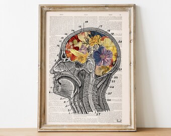 Christmas gift idea, Flowery Brain Anatomy Art - Bright Wall Art - Floral Print - Medical Art - Brain Art - Anatomy Wall Art - SKA053