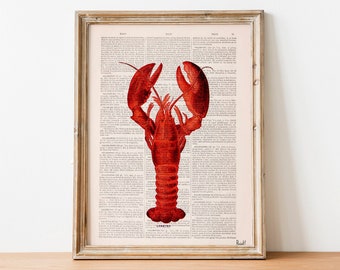 May include: A framed print of a red lobster on a white background with black text. The text reads "LOBSTER".