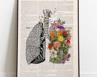 Intricate Flower Lungs Collage | Vintage Medical Study on Upcycled Paper | Unique Doctor Nurse Gift | Literary Science Art