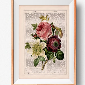 Floral Bouquet of Anemones and Roses, Art print flower on book page, House warming gift, botanical print, BFL24