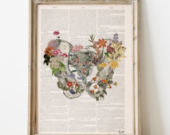 Vintage Pelvis Bone Anatomy Print | Floral Hip Study Collage on Upcycled Paper | PT or Therapist Office Gift | Botanical Science Art