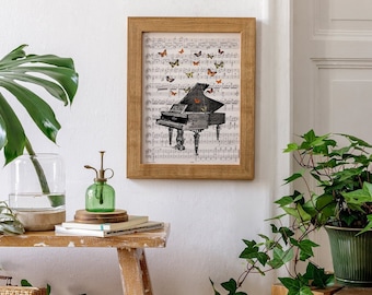 Antique Music Piano Art | Butterfly Wall Decor | Musical Instrument Illustration Print | Vintage Nature Home Decor
