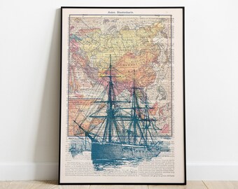 Vintage Ship Map Art Print | Nautical Explorer Gift on Upcycled Dictionary Page | Travel Decor