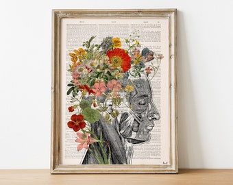 Flowery Head Art Print, Wall Art, Bright Wall Art,  Floral Art, Anatomy Wall Art, Prints, Home decor, Happy thinking, Boho Art, SKA161