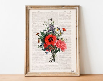 Vintage  botanical art , Wall decor, Floral Bouquet on Dictionary Botanical wall art, Housewarming gift, Home gifts, Plant wall art, BFL146