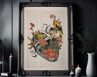 Wall art print Yellow Bird on Anatomical Heart - Flower Heart art - Flower Anatomy Print- Anatomy Decor - SKA110PA3
