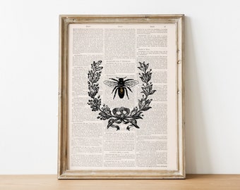 Laurel wreath queen Bee Print on Dictionary - Save the bees - Housewarming gift - Wall Art Decor -  Art print - BFL118