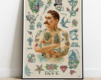 Lámina de arte de tatuajes de la vieja escuela: Póster tamaño A3