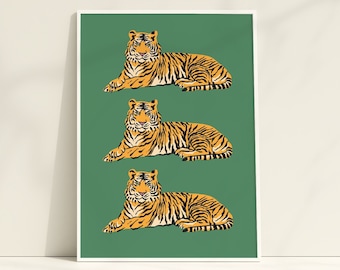 Arte mural felino verde, lámina de arte mural de tigre, ilustración de tigre, arte mural imprimible, lámina de arte verde y naranja, lámina de felino grande, lámina de animales DGT003