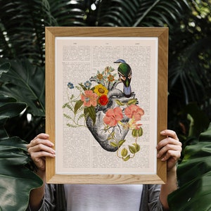 Blue Bird Anatomical Heart Print: Floral Anatomy Art on Vintage Book Page