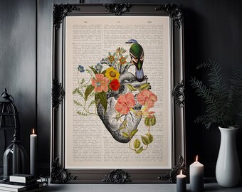 Home decor - Blue Bird on Anatomical Heart - Flower Heart Print - Flower Anatomy Print- Anatomy Decor - Sustainable art - Art heart