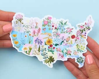 US States Flower Sticker: Botanical Map Decal