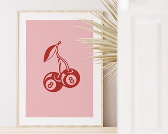 Trendy Retro 8 Ball Cherries Print Illustration Vintage, Wall Art Modern Decor Illustration, Large Printable Art Digital Download, DGT001