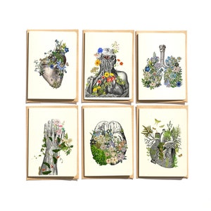 Conjunto de cartões de visita - Conjunto de saudações anatômicas - Cartão de agradecimento - Anatomia de flores azuis e lilases - Cérebro de flores - Cartão de felicitações médico - NTC022