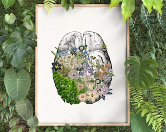 Blaue Blumen Gehirn Anatomie Kunstdruck | Geschenk für Neurologe | Serene Botanische Arztpraxis Dekor
