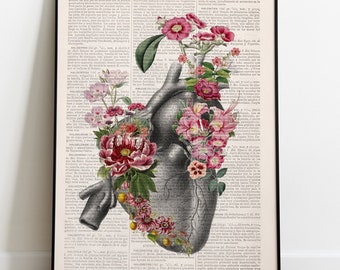 Heart with Pink Flowers - Romantic gift - Wall art print - Anatomy Illustration - Love Wall Art - Anatomical Heart - SKA314