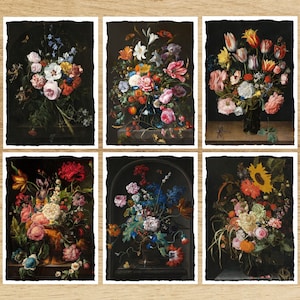 Cartes postales d'art botanique : Nature morte florale noire, lot de 6