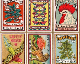 Vintage Matchbox Art Prints: Floral & Animal Postcard Set