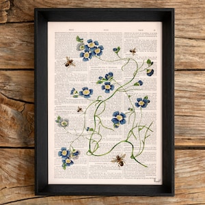 Blue Wildflower Bee Botanical Art Print | Cottagecore Nature Lover Gift | Wall Decor on Dictionary Page
