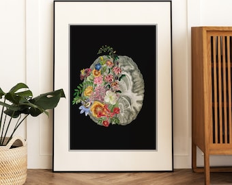Floral Brain Anatomy Art Print: Exotic Mental Health Decor