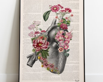 Mothers day gift - Anatomical Heart Print: Pink Flowers, Vintage Book Page Art