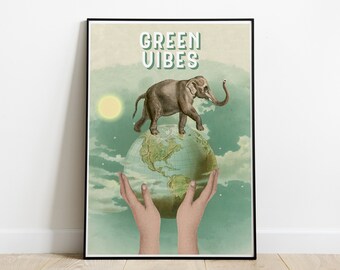 Elephant 'Green Vibes' Art Print: Ecological Nursery Decor