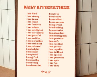 Daily Affirmations, Self love Print Illustration Vintage, Wall Art Modern Decor Illustration, Large Printable Art Digital Download, DGT020