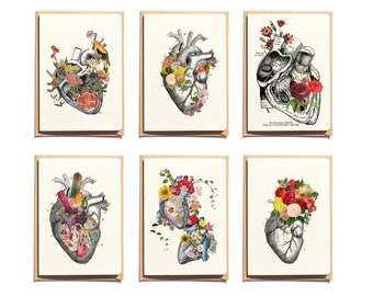 Notitiekaarten Set - Wenskaarten Set - Liefdesnotitiekaartenpakket - Bedankkaarten - Botanisch- Anatomisch Hart - Arty notitiekaarten