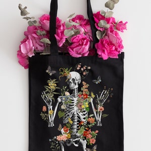 Goth skeleton Bag | Flower Skeleton black tote bag with pocket | Black Cotton Tote Bag | Med Student Gift | Aesthetic Tote Bag  TBC009
