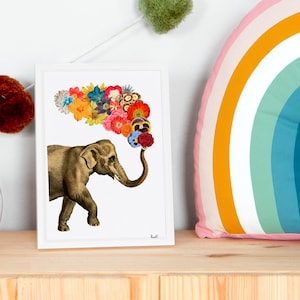 Elephant with Flowers Art Print: Whimsical Nursery Decor