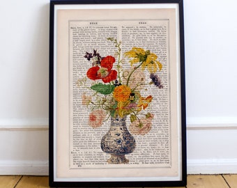 Elegant Floral Print on Dictionary Page | Blue & White Porcelain Vase Wall Art | Maximalist Decor | Unique Chinoiserie Gift