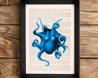 Electric blue Octopus Print, Dictionary art, Wall decor Blue octopus  wall decor, Sea life wall art SEA105