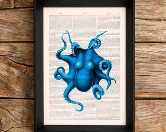 Electric Blue Octopus Art Print | Vibrant Sea Life Decor on Dictionary Page | Coastal Nautical Gift