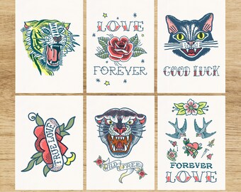 Love and Luck Old school Tattoo Postcards Set - Vintage Love postcards - Love tattoo old school Postcards set - Funny animal card - PSC015