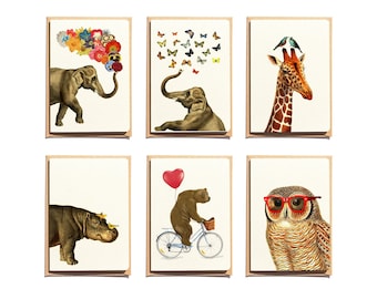 Notecards Set - Bithday invitation - Funny Animal Cards - Set of 6 - Animal Greeting Cards - Elephant Card - NTC004