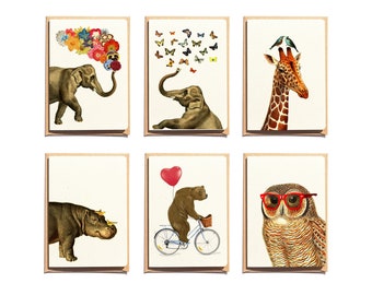 Notecards Set - Bithday invitation - Funny Animal Cards - Set of 6 - Animal Greeting Cards - Elephant Card - NTC004