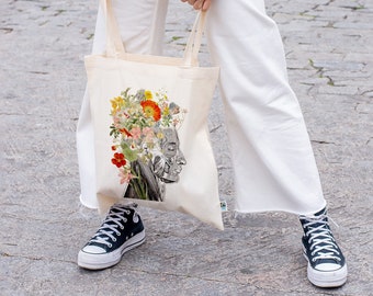 Sac fourre-tout en coton biologique, sac fleuri, sacs fourre-tout en toile, cadeau pour amoureux des plantes, cadeau médecin, cadeau étudiant en médecine, TBC004