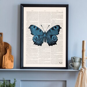 Blue Butterfly Art Print: Upcycled Book Page, Seasonal Wall Decor