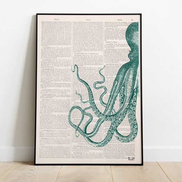 Art prints,  Ocean Wall Art,  Home gift, best friend gift, Curious turquoise Octopus wall art, Housewarming art vintage book page, SEA082b