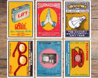 Vintage Indian Matchbox Postcard Set: Retro Art Prints