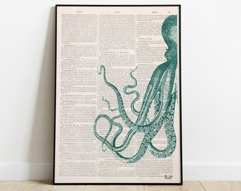Art prints,  Unique Wall Art,  Home gift, best friend gift, Curious turquoise Octopus wall art, Housewarming art vintage book page, SEA082b