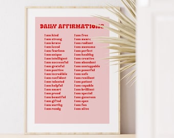 Daily Affirmations, Self love Print Illustration Vintage, Wall Art Modern Decor Illustration, Large Printable Art Digital Download, DGT013