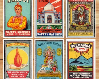 Vintage Indian Matchbox Art Prints: Turquoise and Yellow Postcards (Set of 6)