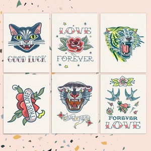 Conjunto de cartões postais de tatuagem da velha escola de amor e sorte - Cartões postais de amor vintage - Conjunto de cartões postais de tatuagem de amor da velha escola - Cartão de animal engraçado - PSC015
