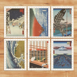 Jeu de timbres japonais comme des cartes postales, impression de style vintage, collection d'art instantané, impressions d'art colorées, jeu de six cartes postales, PSC038