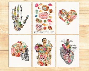May include: Set of six cards featuring colorful illustrations of anatomical body parts, such as a hand, heart, skull, and torso, with a gemstone theme. The cards have the text "you're my precious stone" on one of them.