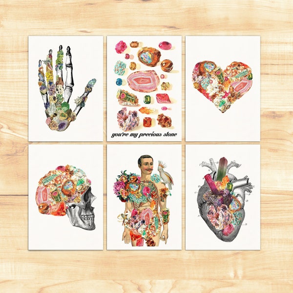 Minerals and Stones Postcards set - Human Anatomy and Stones - Set of 6 - Medical gift - PSC022