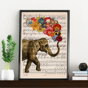 Elephant with flowers on music sheet Print, perfect for gifts, Wall art, art print, ANI091MSL