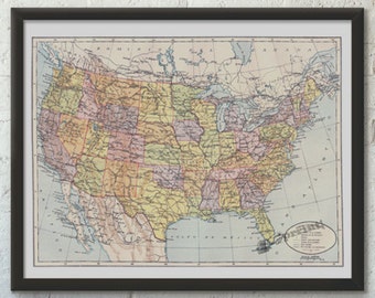 Vintage USA Map Poster: American Wall Art Print (A3)